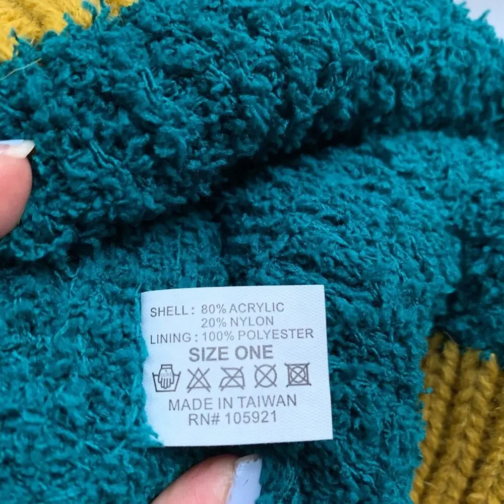 Jomni | NWT One Size Green-Teal/ Mustard Knit Hat with Pom Pom